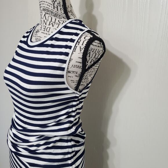 BB Dakota by Steve Madden NWT Navy Cream Stripe Tank Bodycon Dress Ruching Large - Picture 2 of 10